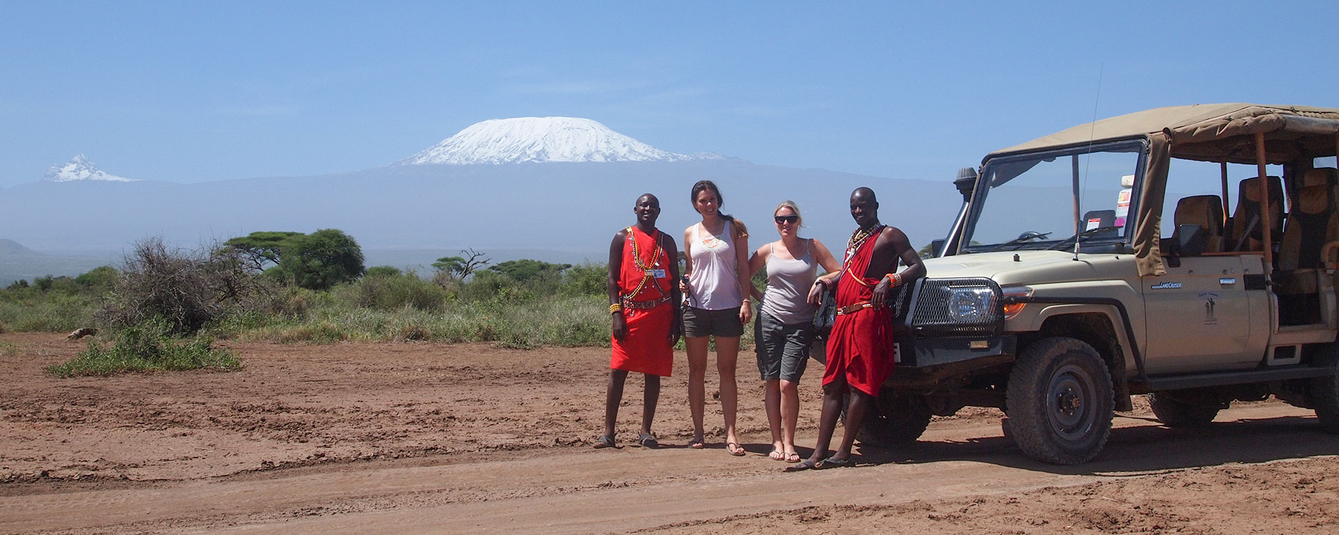 Cath & Kate with their guides Jackson & Daniel on safari in Amboseli