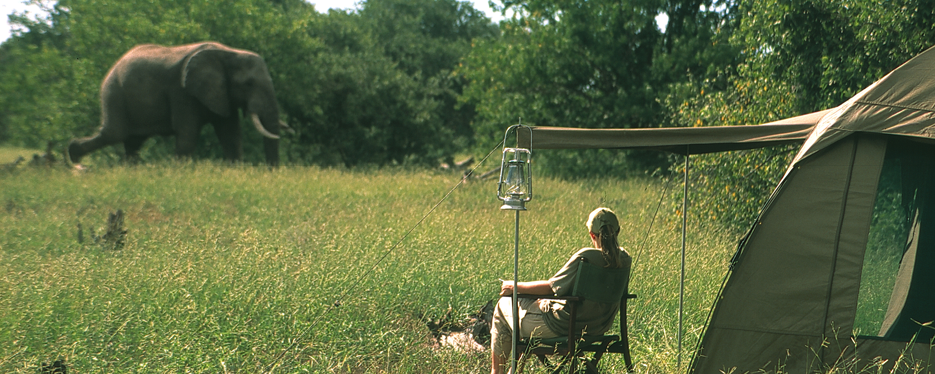 A classic 'mobile camping' scene: you're right in the heart of the bush with elephants as your neighbours.