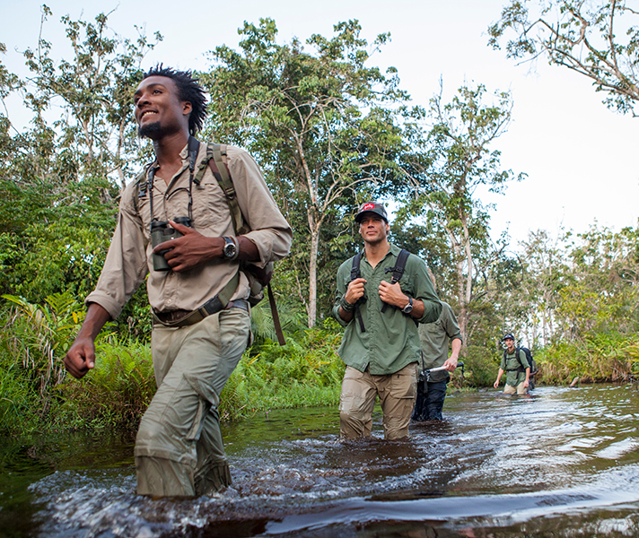 Wading through waist-deep water, Terrence discovers a fascinating stick insect.