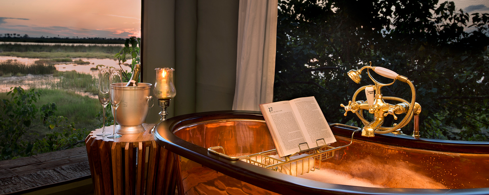 Utter bathtime bliss at Zarafa Dhow Suites in Botswana's Okavango Delta.
