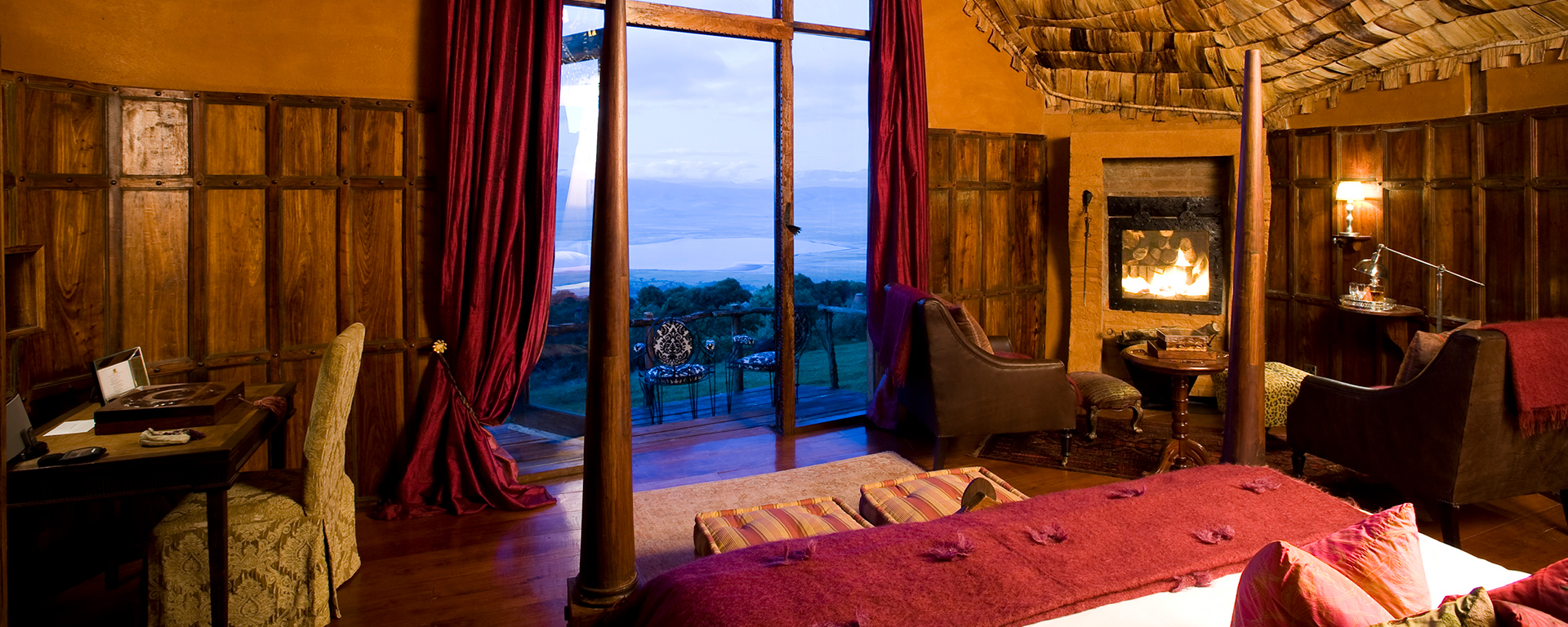 Outside is an untouched wilderness, inside is a Baroque fantasy at Ngorongoro Crater Lodge.