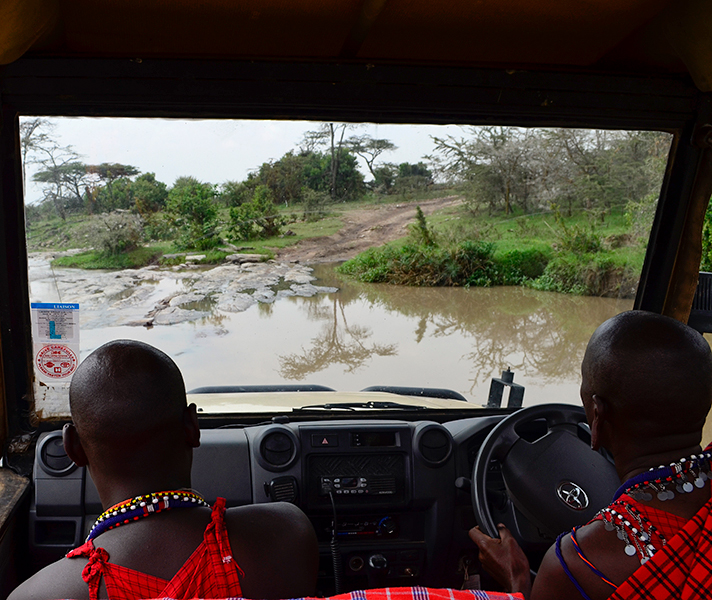 Bill & Tipa negotiate a swollen river during Kenya's green season. The rains ultimately trigger the Wildebeest Migration, which has plenty of lion action.