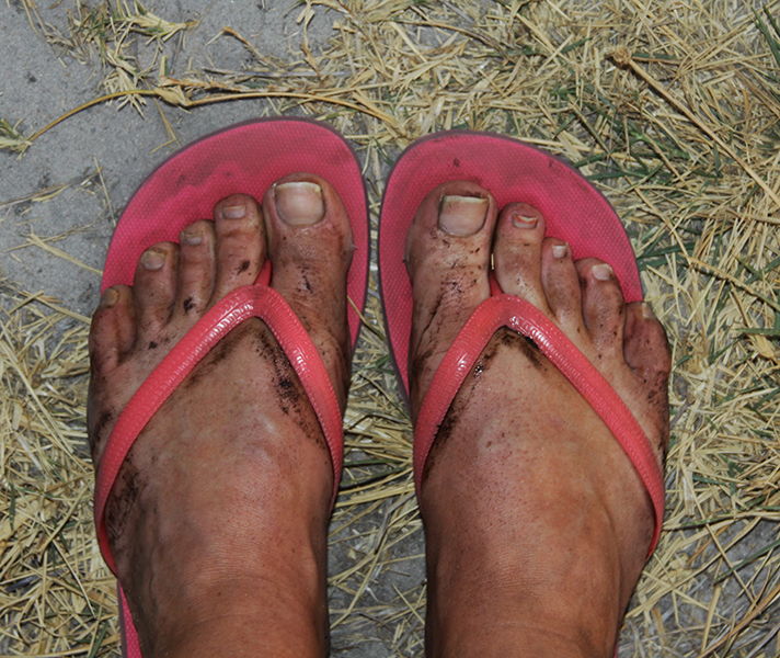 Footwear options: sandals mean cool but dirty feet...