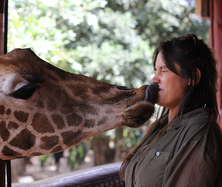 Jessica gets a special kiss at the Giraffe Centre in Nairobi.