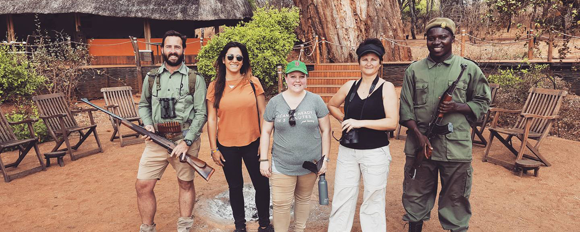 Jessica, Megan and Madelein about to embark on their guided walking safari with camp manager Devon, and game ranger, Victor.