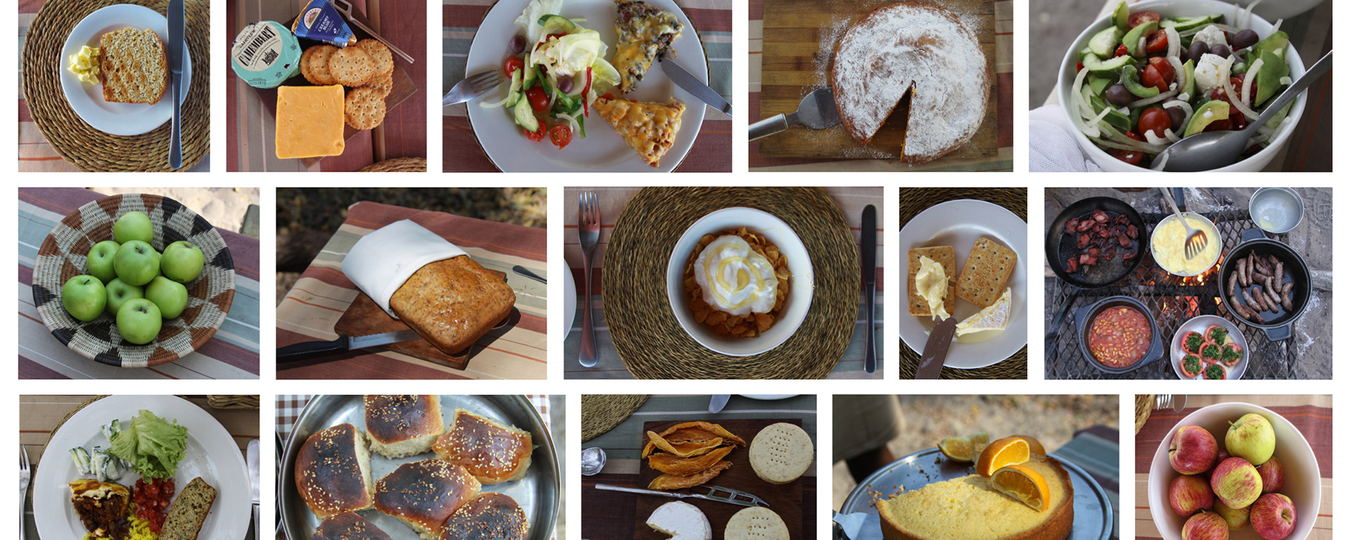 A typical selection of safari meals: there is generally a wide variety of food with plenty of fresh fruit and salads as well as plenty of treats.