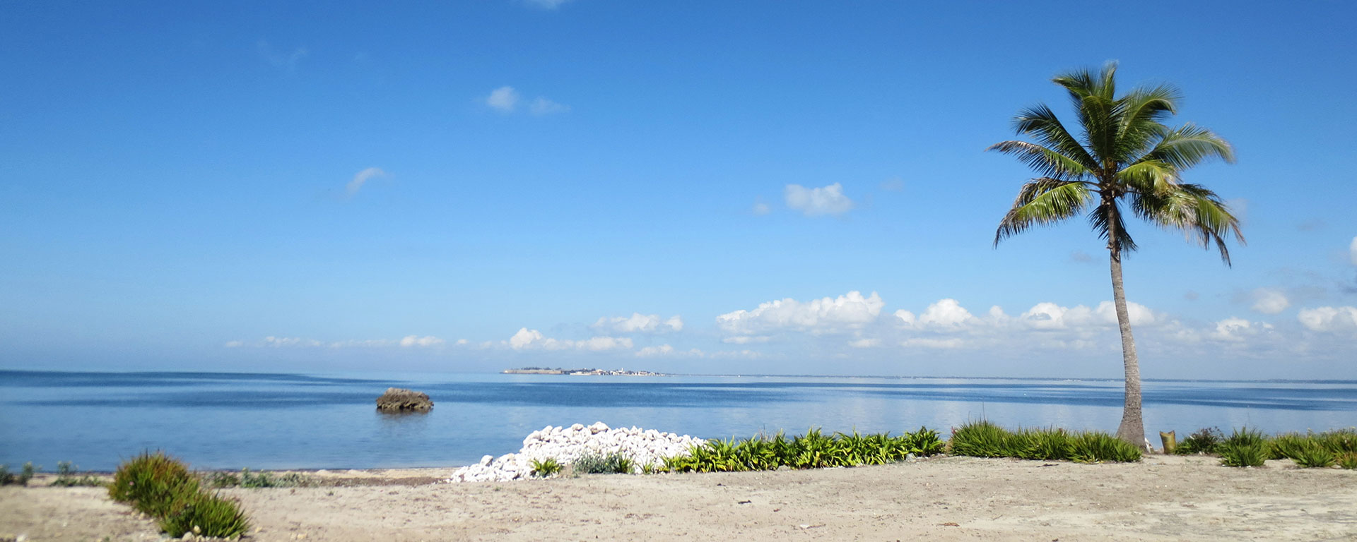 Azure water, soft sand, palm trees and an island on the horizon… Ilha de Mozambique photographed from the mainland coast at Coral Lodge.