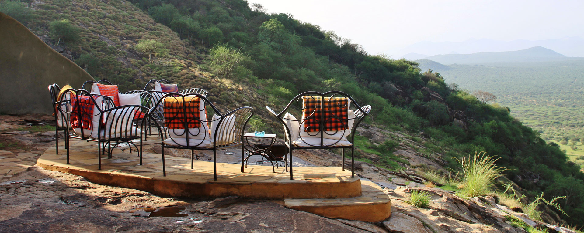 The fire pit at Saruni Samburu is on the summit of the ridge – the rest of the lodge is spread out below it.