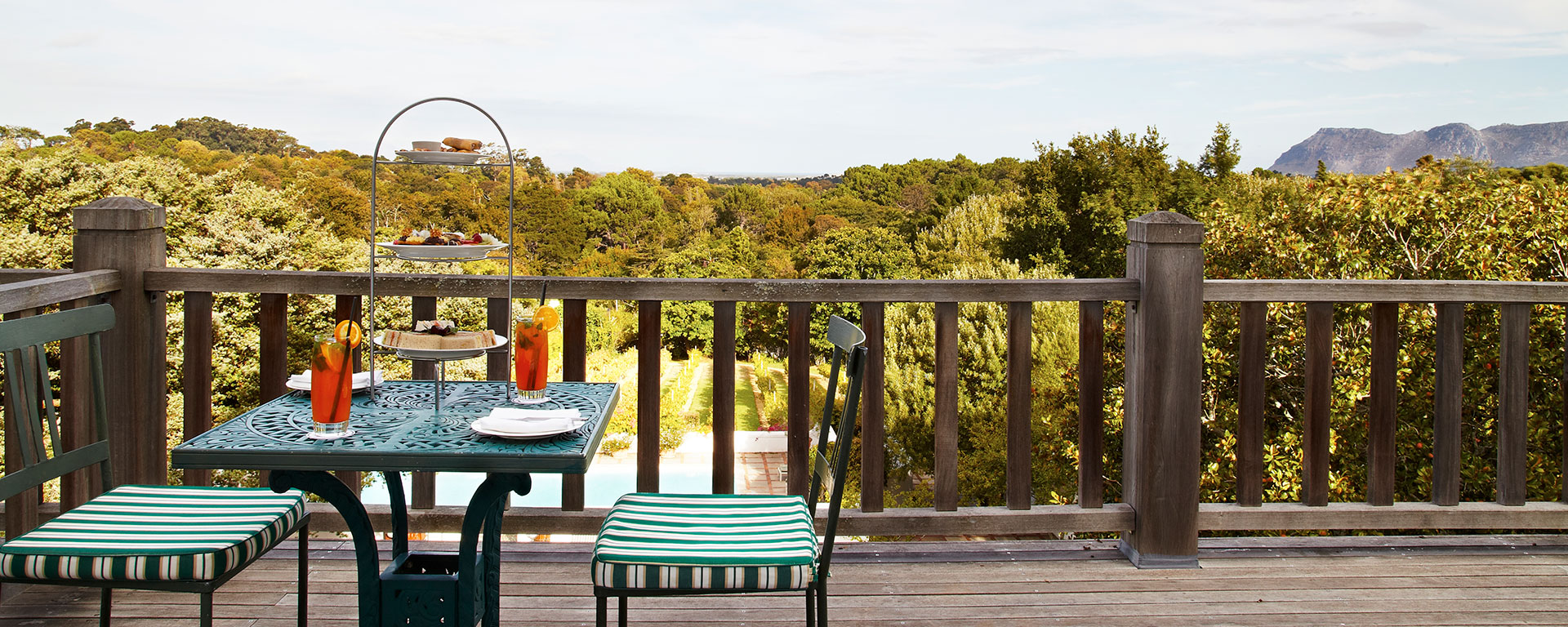 Breakfast on the deck at the Cellars-Hohenort, which overlooks the gardens and vineyards.