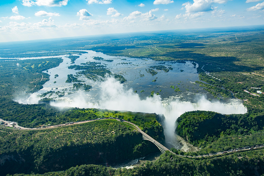 Aerial view of Victoria Falls in Zimbabwe.